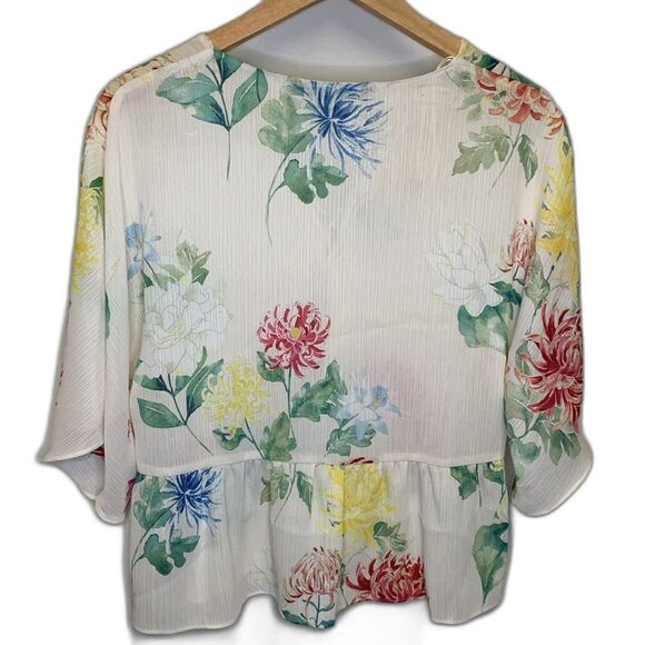 Zara Semi-Sheer Ivory Floral Lace Up Neckline Kimono Sleeve Peplum Top Size M - Picture 4 of 12